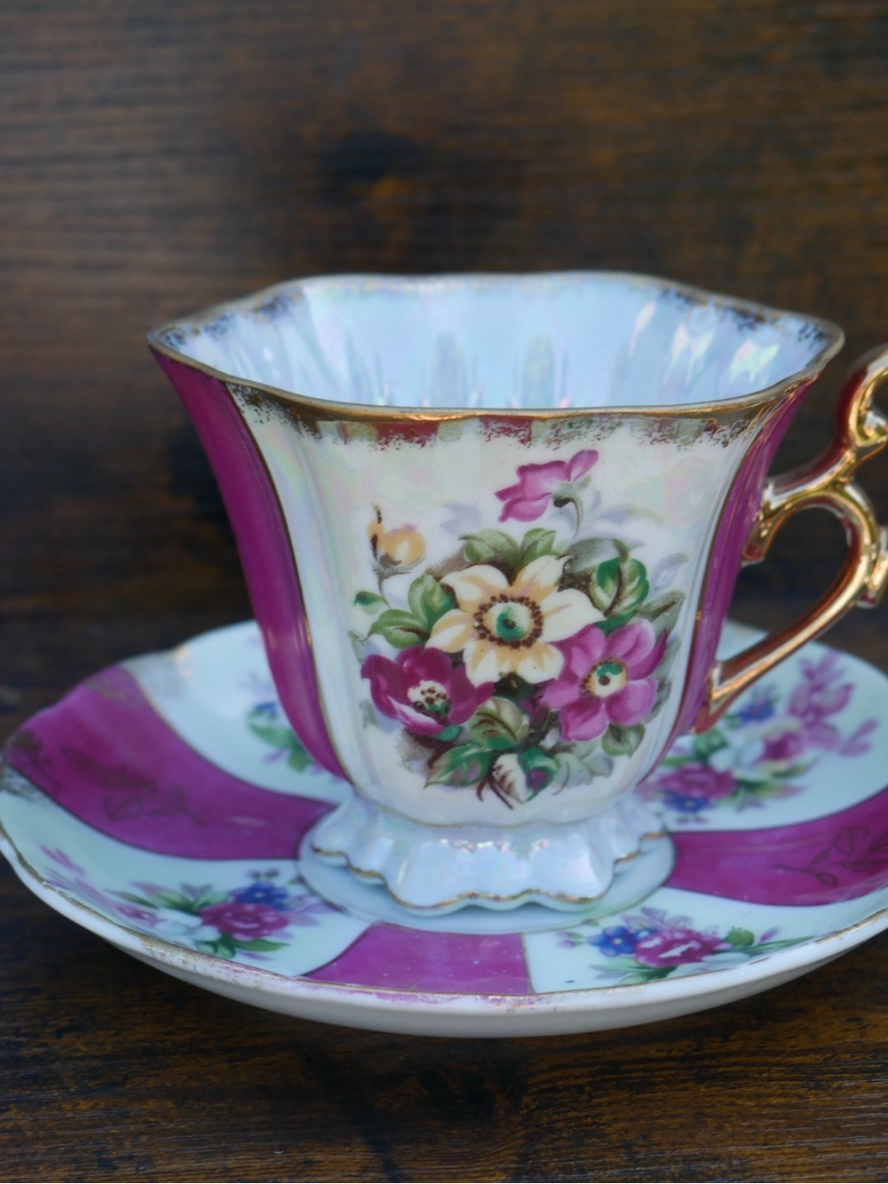Floral Tea Cup & Saucer Set in Pink and White with Gold Trim
